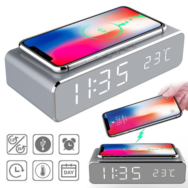 Wireless LED Mirror Alarm Clock Charger