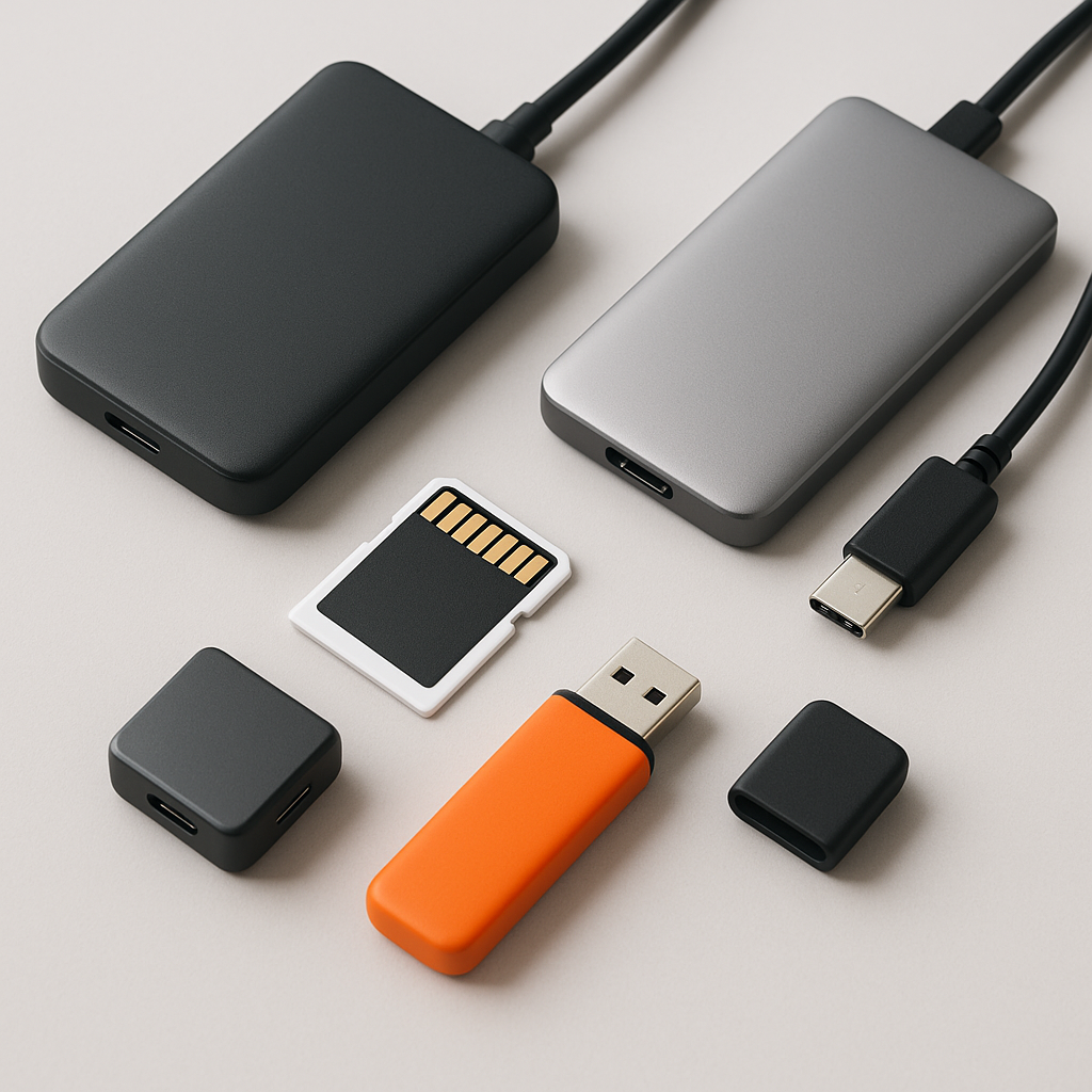 Digital storage devices including USB drives, external storage, and data management accessories